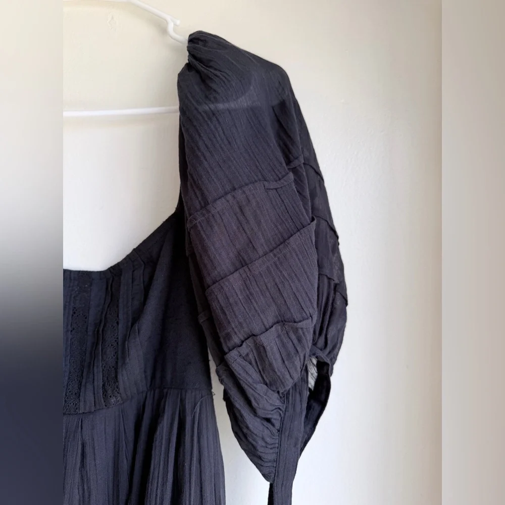 Free People Let’s Be Friends Black Summer Midi Dress Women’s Size S Puff Sleeve - Picture 6 of 16